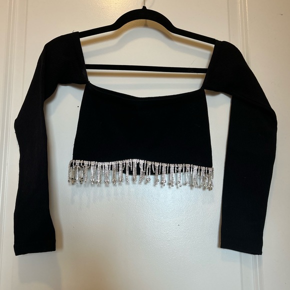 ZARA Off The Shoulder Black Rhinestone Seamless Crop Top Long Sleeve Size S!! - Picture 13 of 16